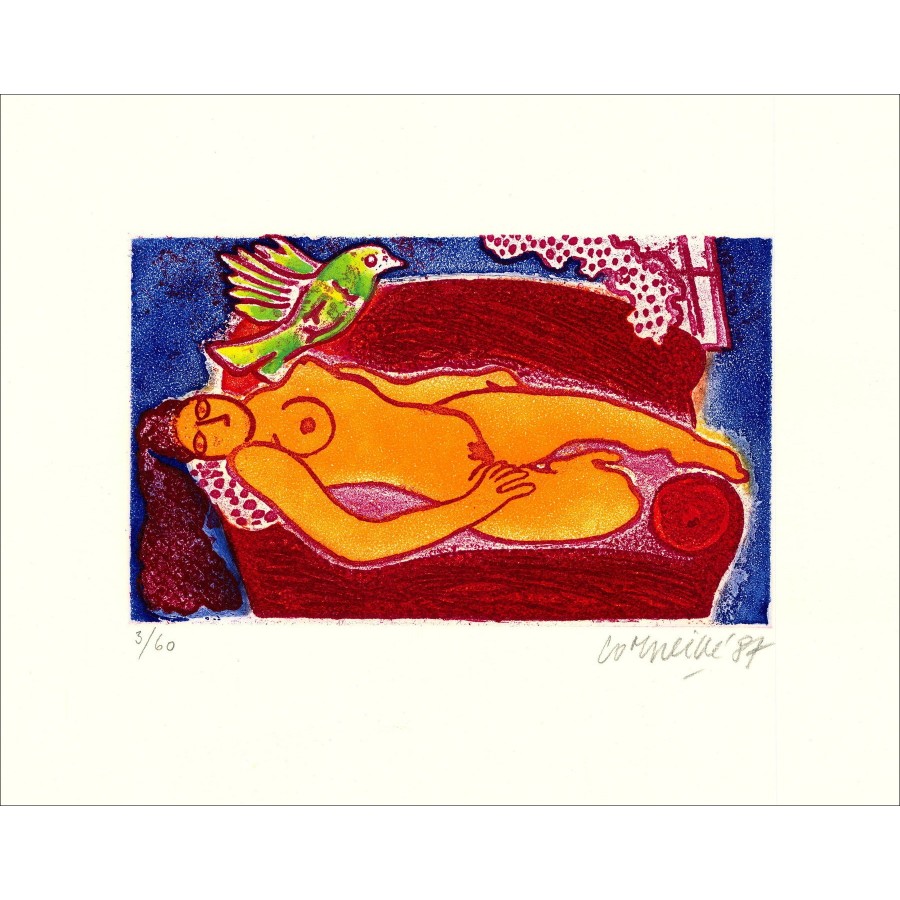 "Femme Allongée et Oiseau" 1987 por Guillaume Corneille - Gravure Signée Limited