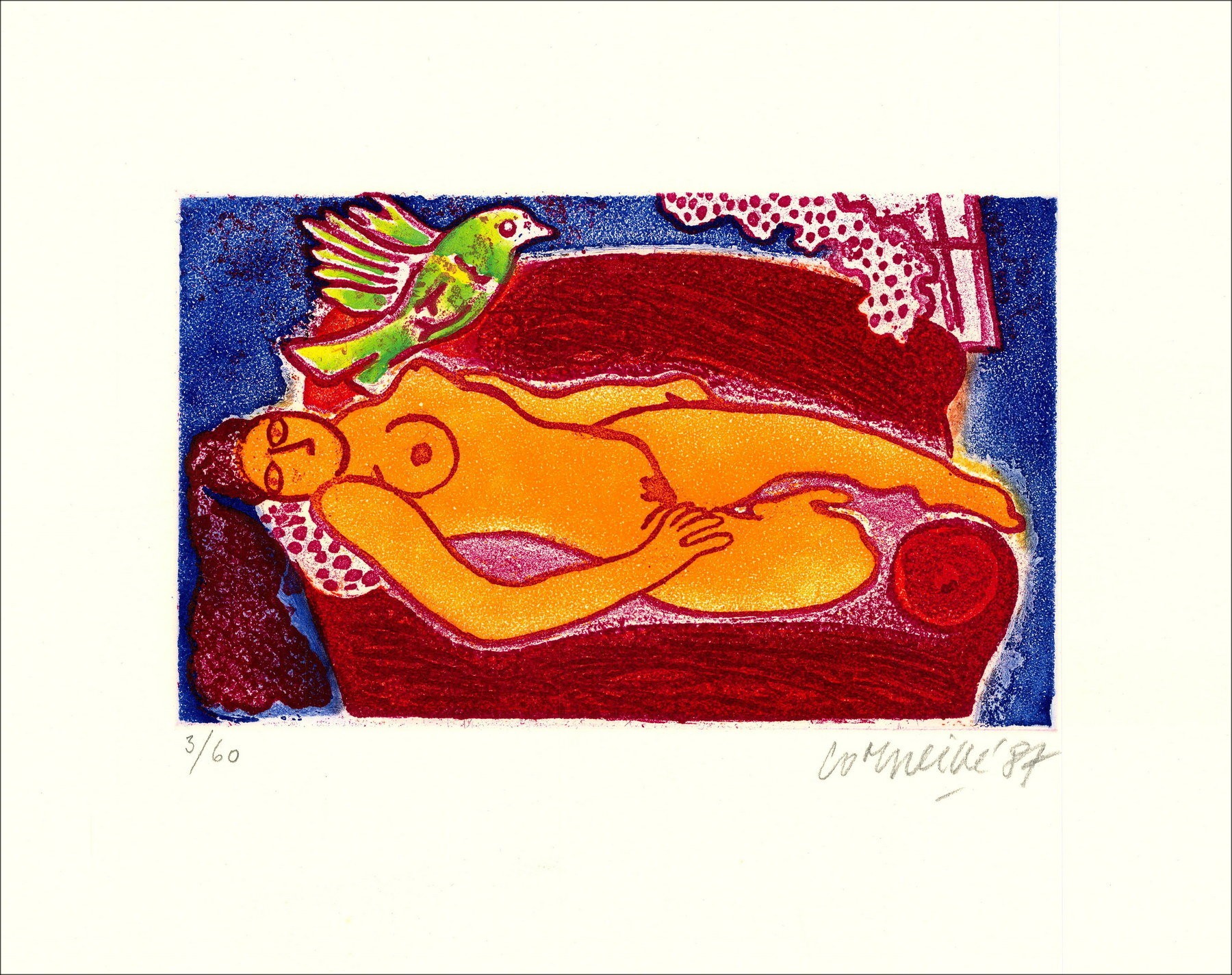 "Langfrau und Vogel" 1987 von Guillaume Corneille - begrenzter unterzeichneter Gravur