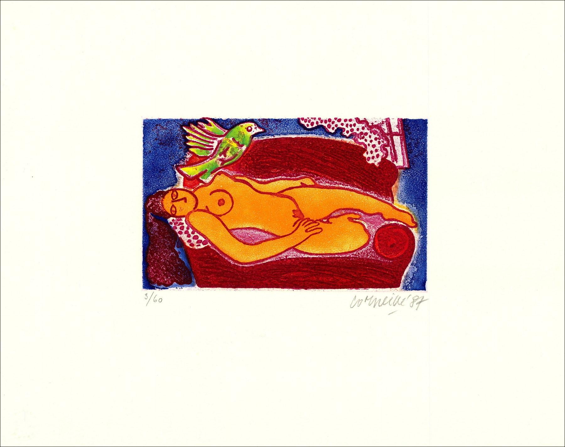 "Femme Allongée et Oiseau" 1987 por Guillaume Corneille - Gravure Signée Limited
