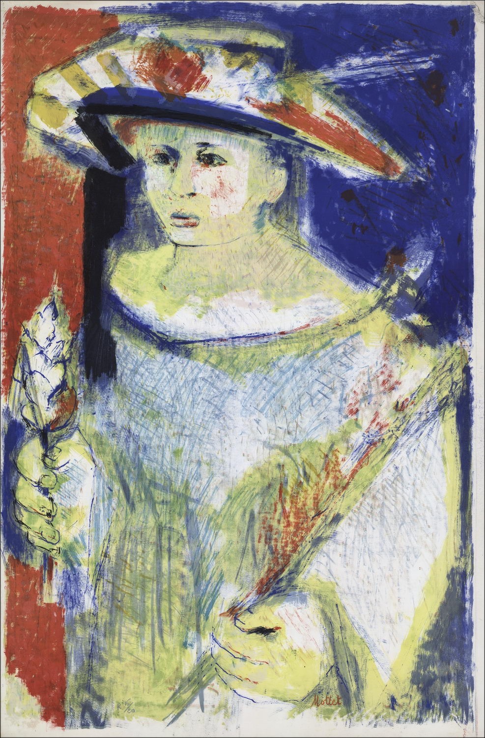 Yvonne MOTTET - Litografia originale "Donna con il cappello" 102x68cm - Circa 1955