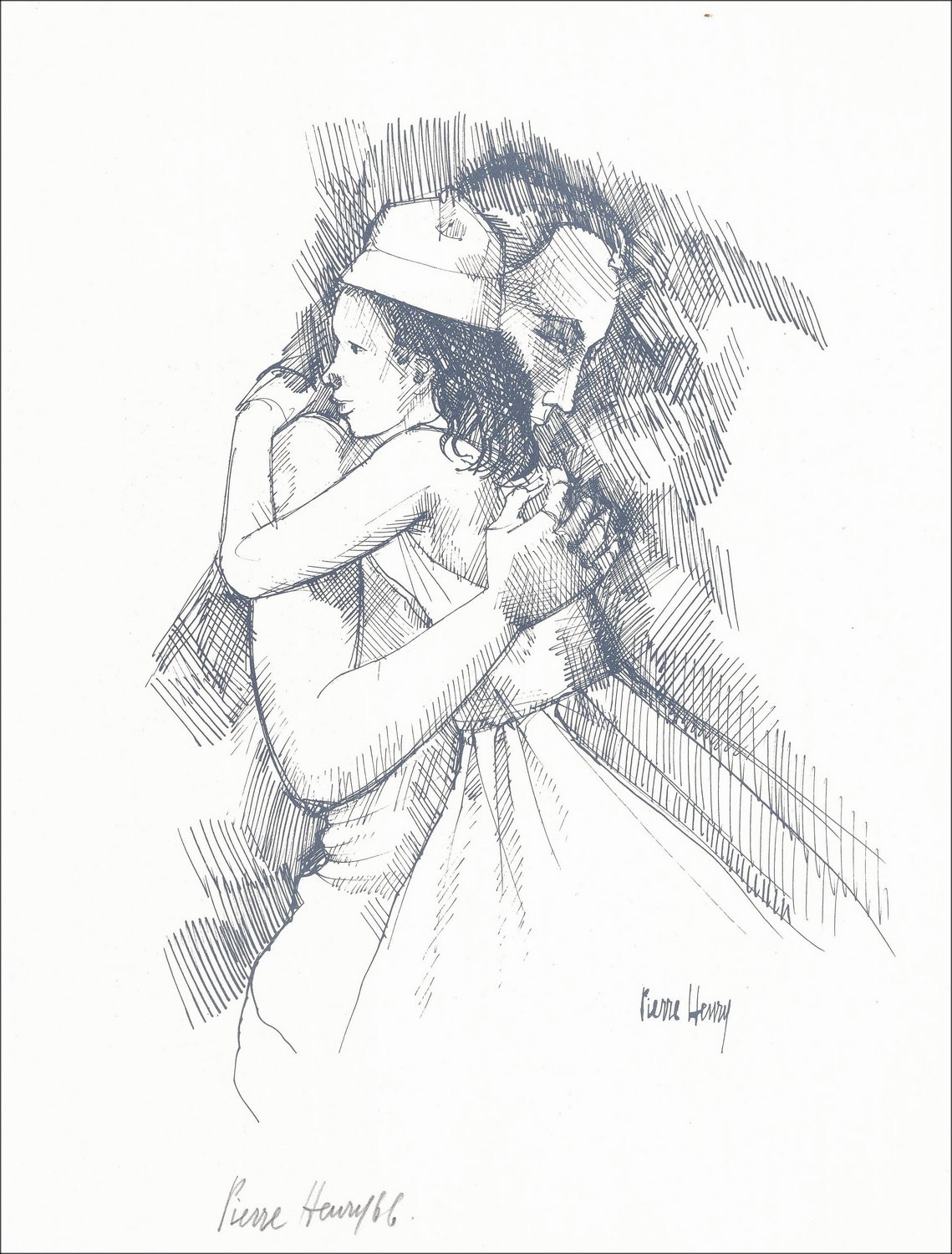 "Moeder en dochter" door PIERRE-HENRY 1966 - Lithografie ondertekend op Vellum-papier