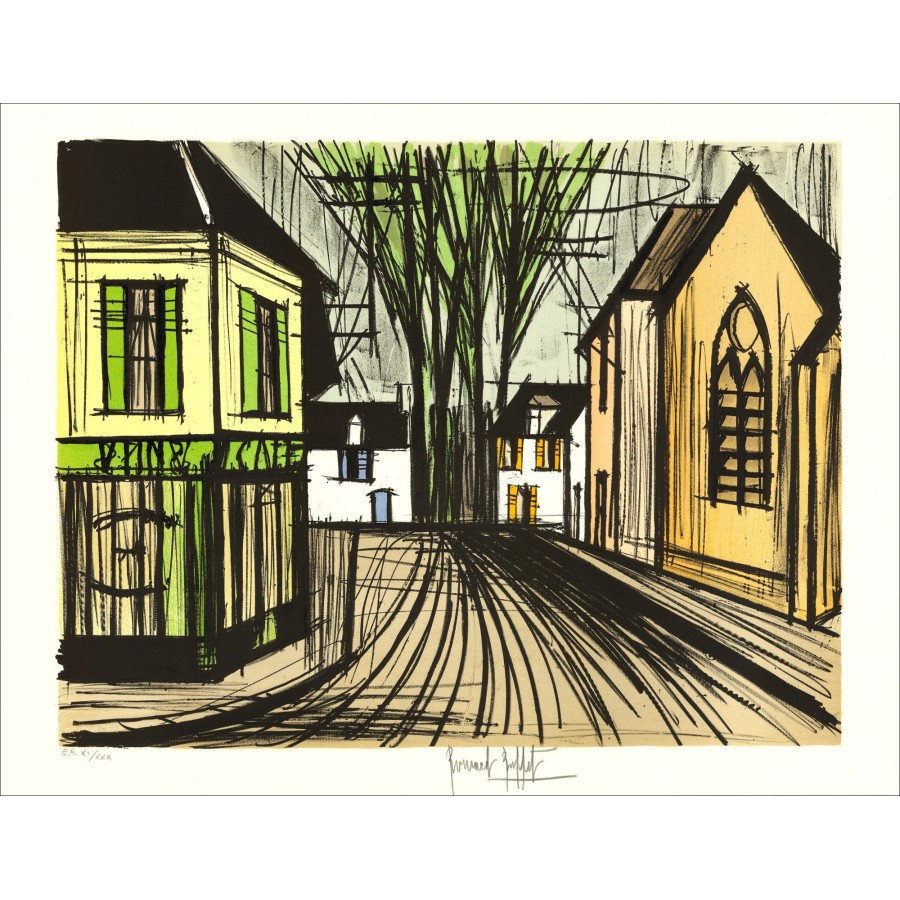 Bernard BUFFET - Litografía original "Village en Normandie" 58x76cm - 1990