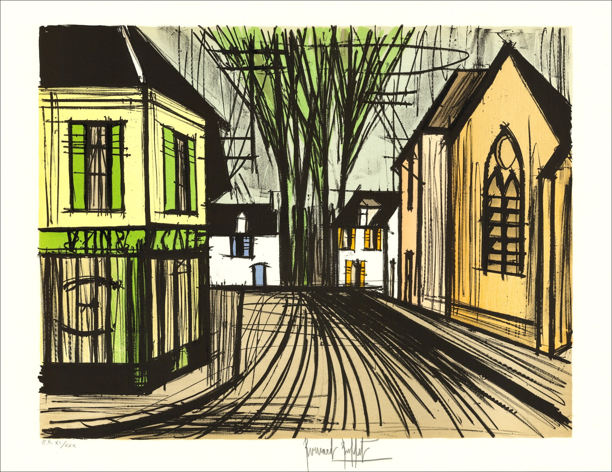 Bernard Buffet - Litografia originale "Villaggio in Normandia" 58x76cm - 1990
