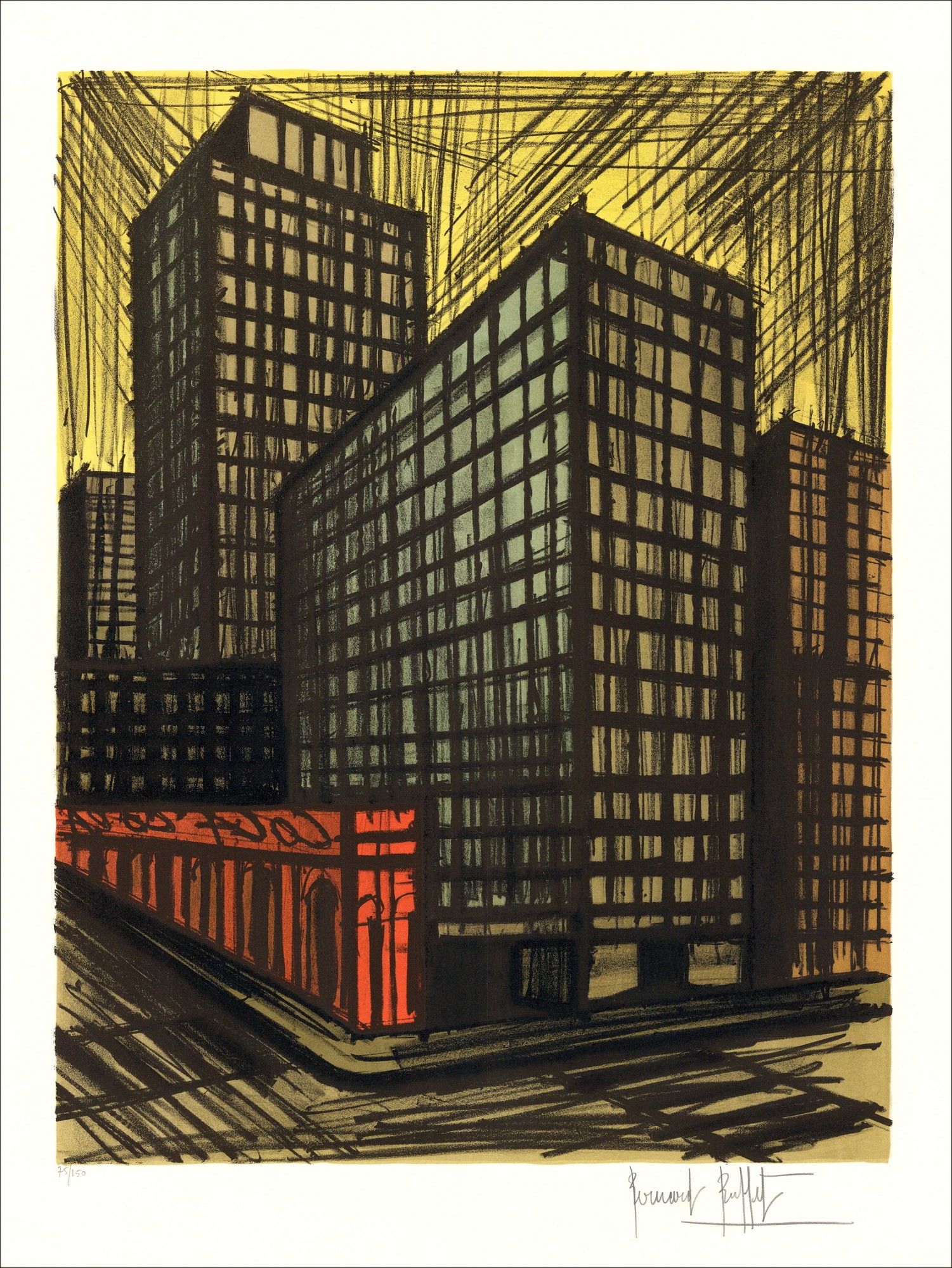 BUFFET Bernard - Litografía original "New York, Daily New Building" 76x58cm - 1990