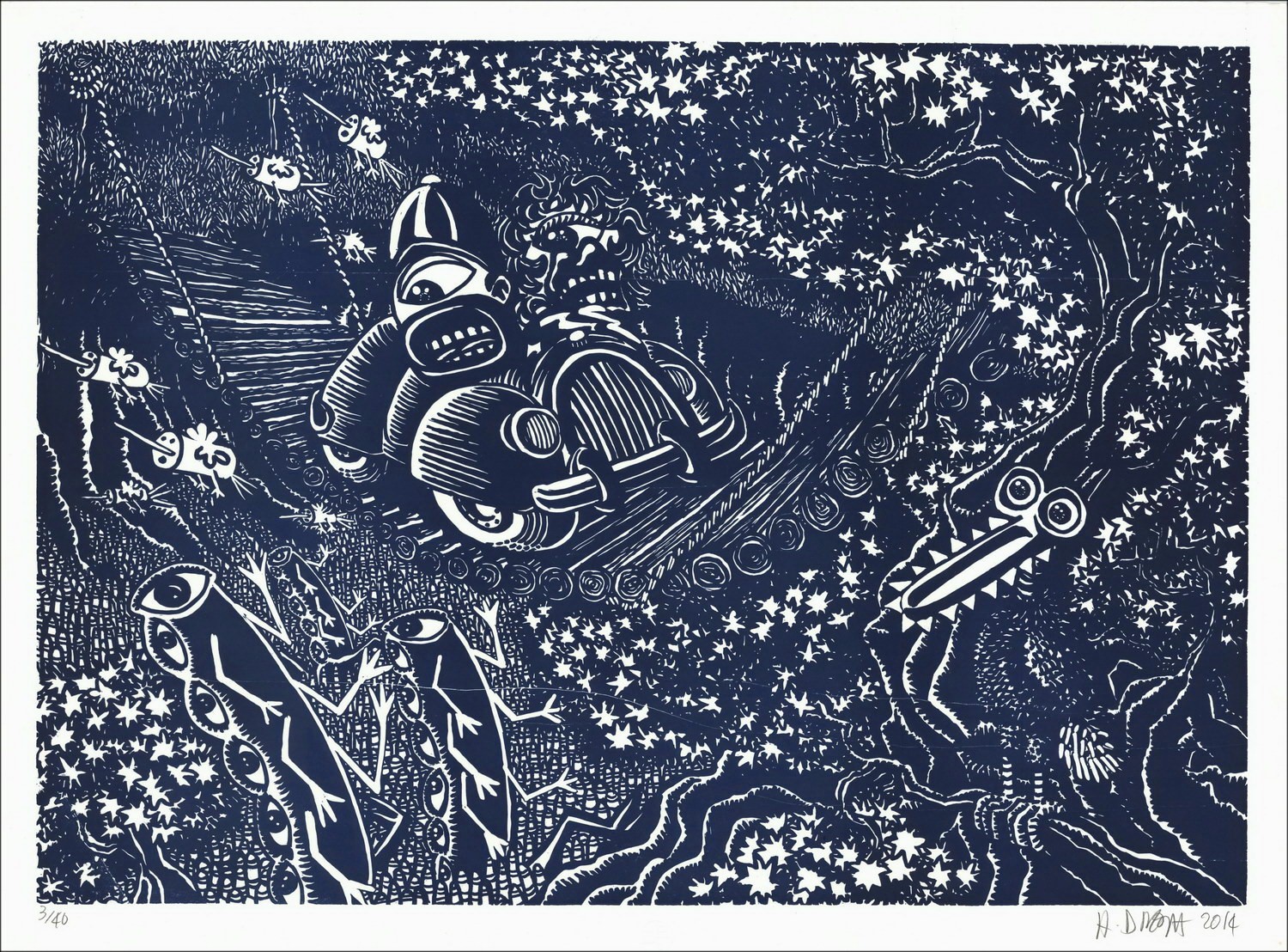 Buying Crossing the Bridge, Blue an Engraved Wood by Hervé DI ROSA 2014