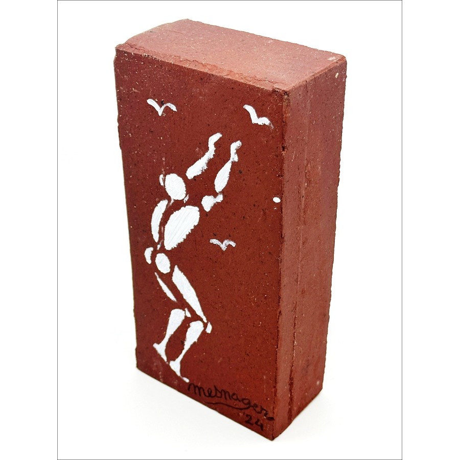 Jérôme Mesnager - acryl schilderij op baksteen "man in wit" 22x11x6cm - 2024