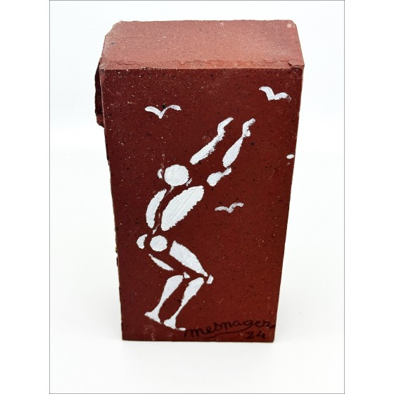 Jérôme Mesnager - acryl schilderij op baksteen "man in wit" 22x11x6cm - 2024