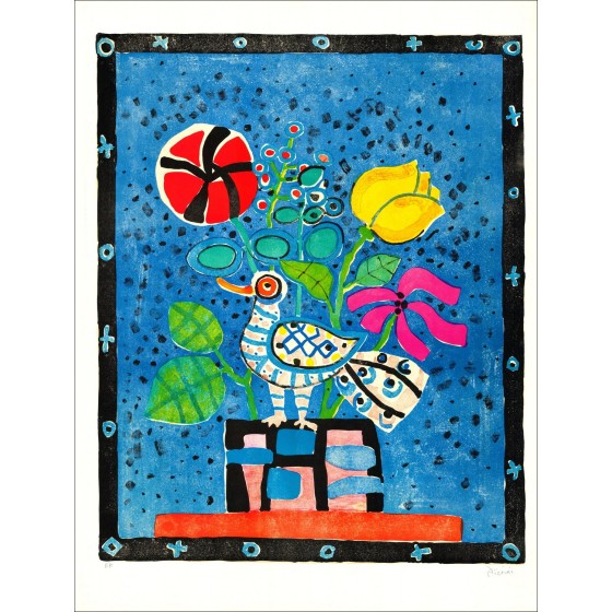 "Blumenstrauß und der Vogel" von Paul Aïzpiri - Original EA-Lithographie
