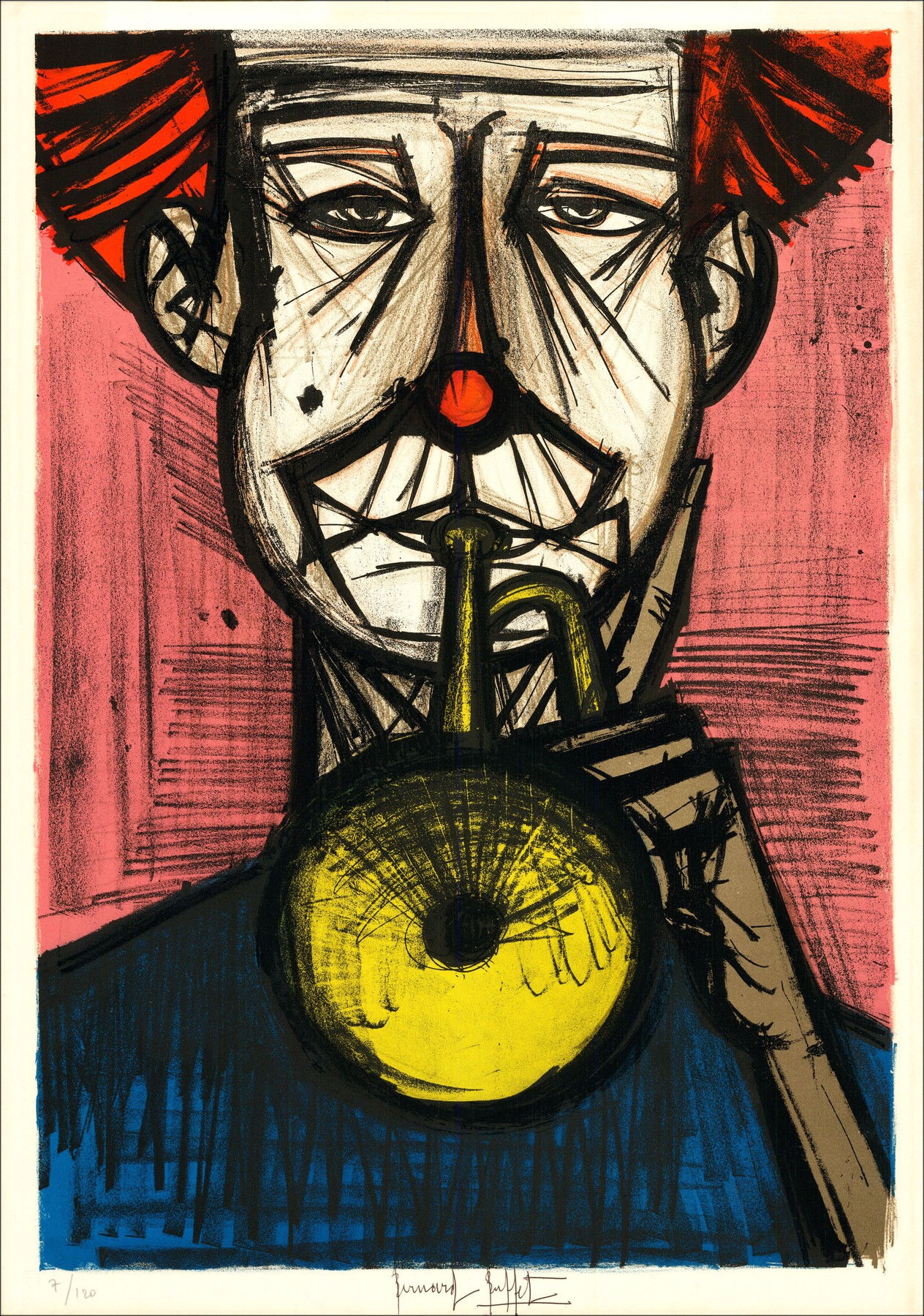Bernard Buffet - Litografia originale "Il clown alla tromba" - 72x51cm - 1968 - il circo
