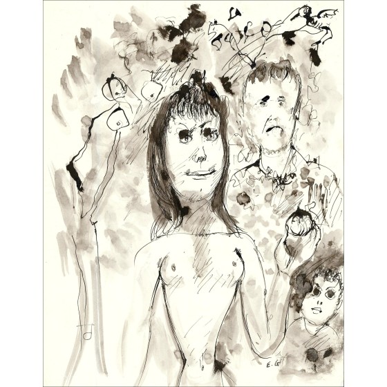 Edouard Goerg - Originele tekening in inkt "vrouw en personages" 27x21cm
