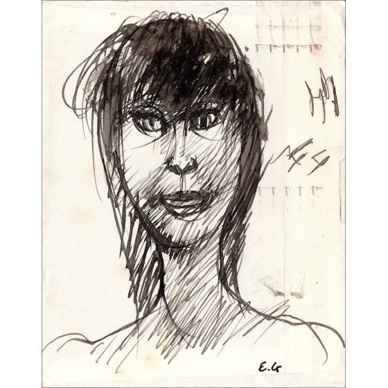 Edouard GOERG - Dibujo original de tinta "Portrato de mujer" 14x12cm