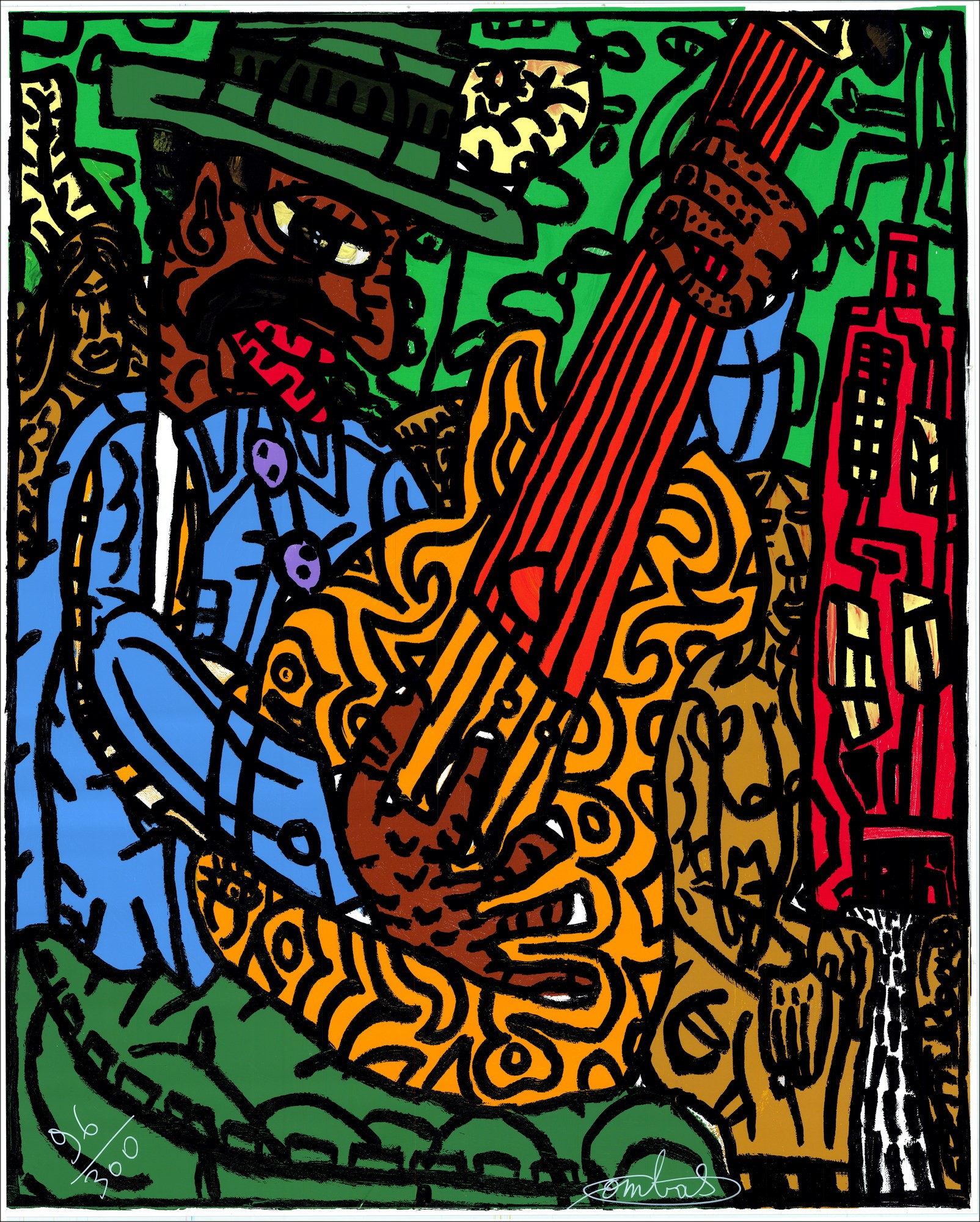 Robert COMBAS - Guitarra "El guitarrista y los músicos" 86x69cm - 2008