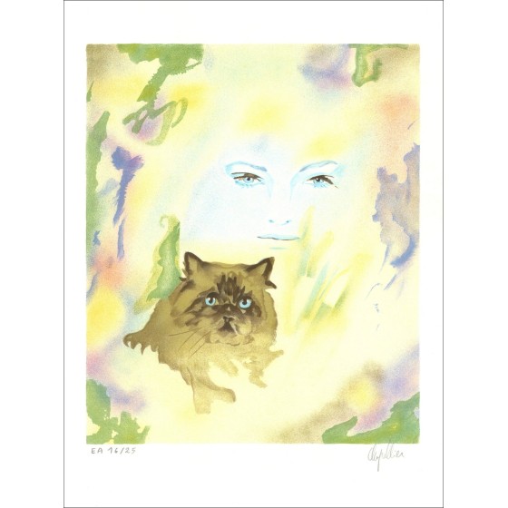 "Mujer y Cat" - Litografía original firmada y numerada