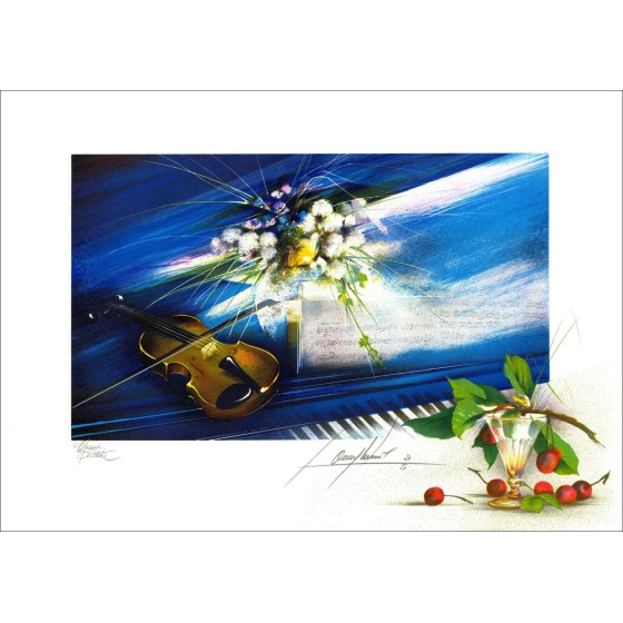 Raymond Poulet, Viool met wit boeket, originele lithografie