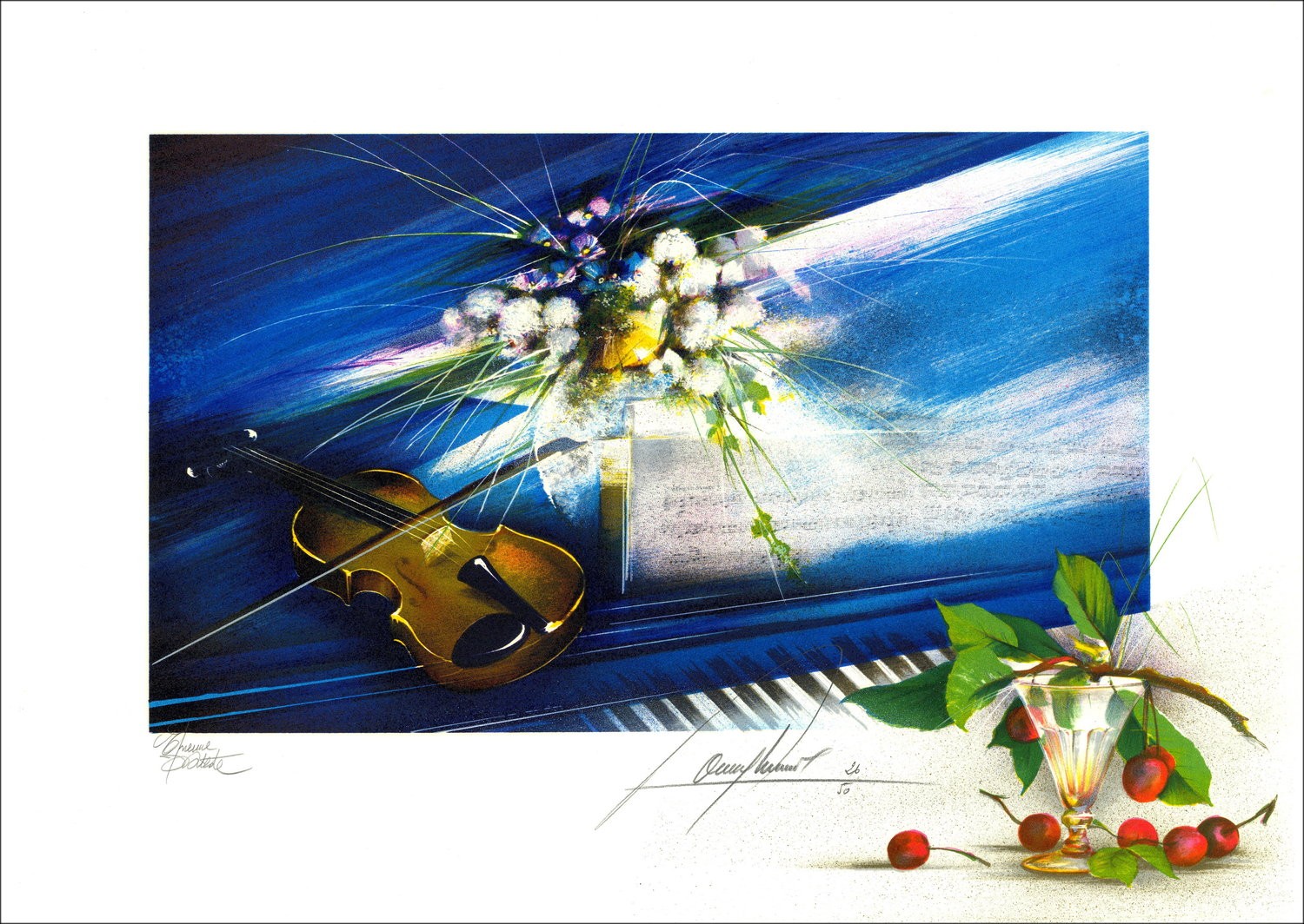 Raymond Poulet, Violino con bouquet bianco, litografia originale