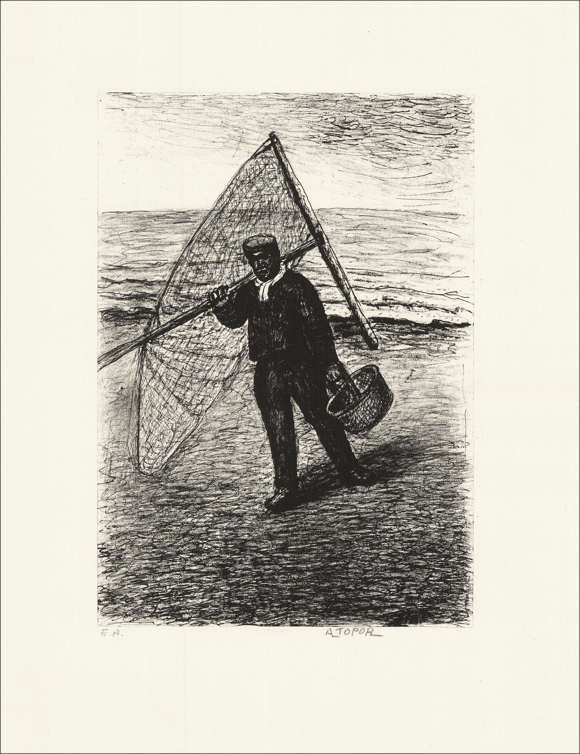 Abram Topor "Pescatore" - Litografia originale E.A firmata
