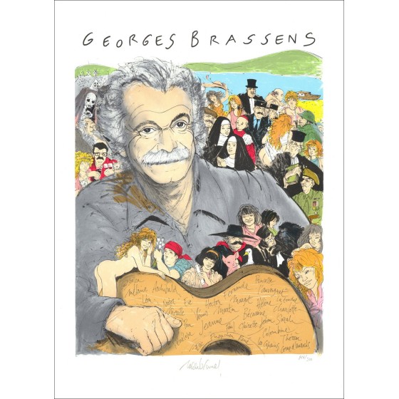 Roger Brunel "Georges Brassens" - Litografía original en papel 