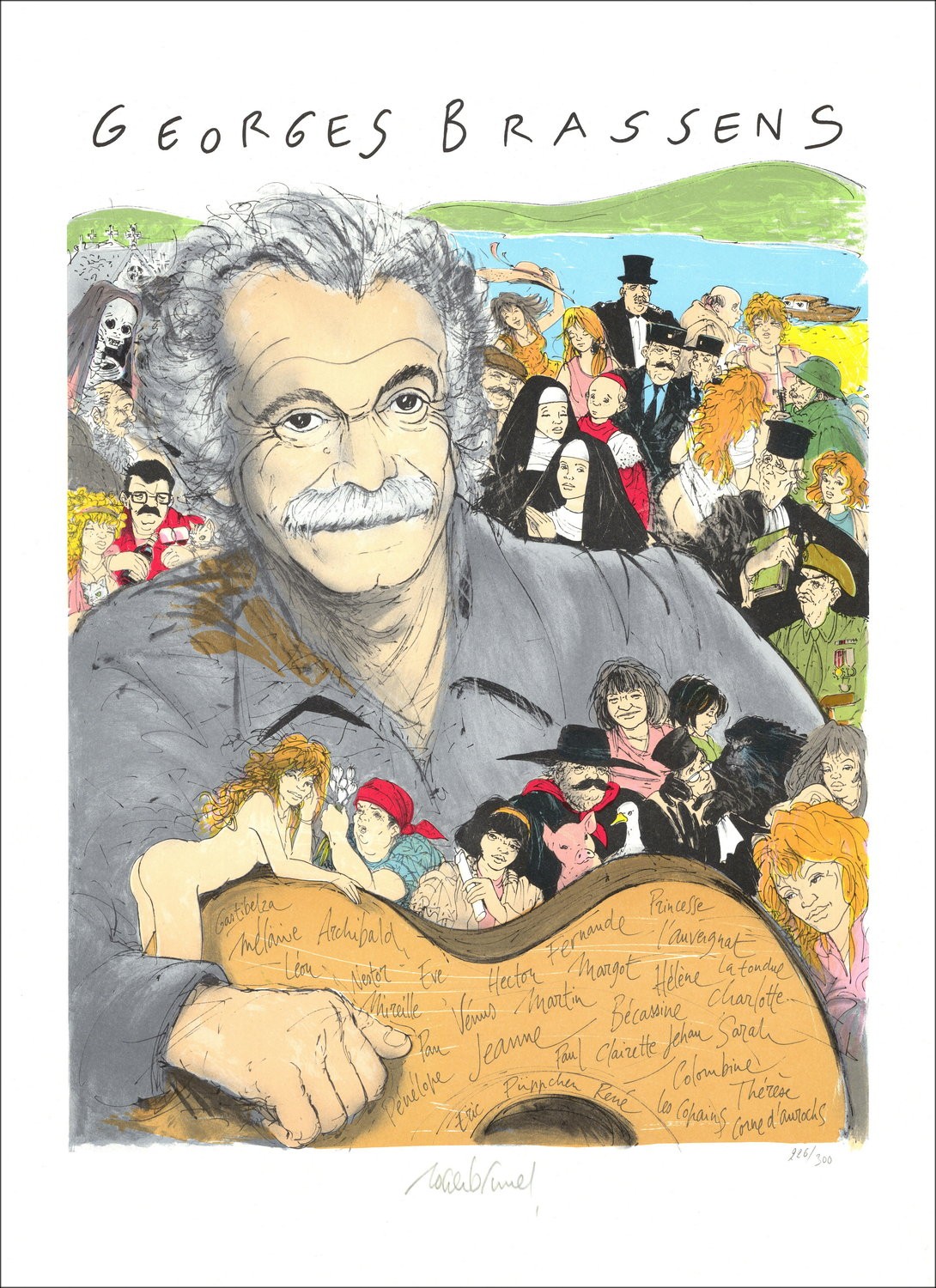 Roger Brunel "Georges Brassens" - Litografia originale su carta 