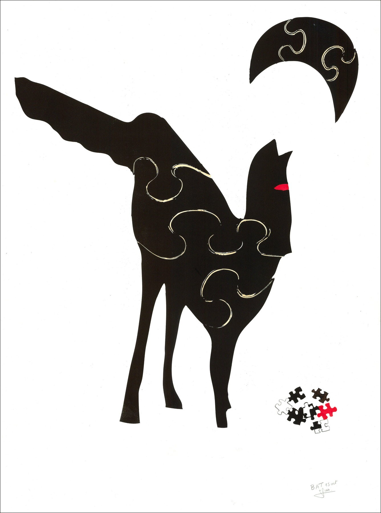 Jean Mas "Le Chat puzzle" - Litografía original en Vélin Paper