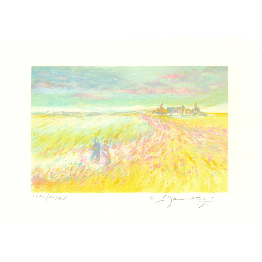 Claude Manoukian - Litografía original firmada a lápiz, caminar en los campos - 37x53cm