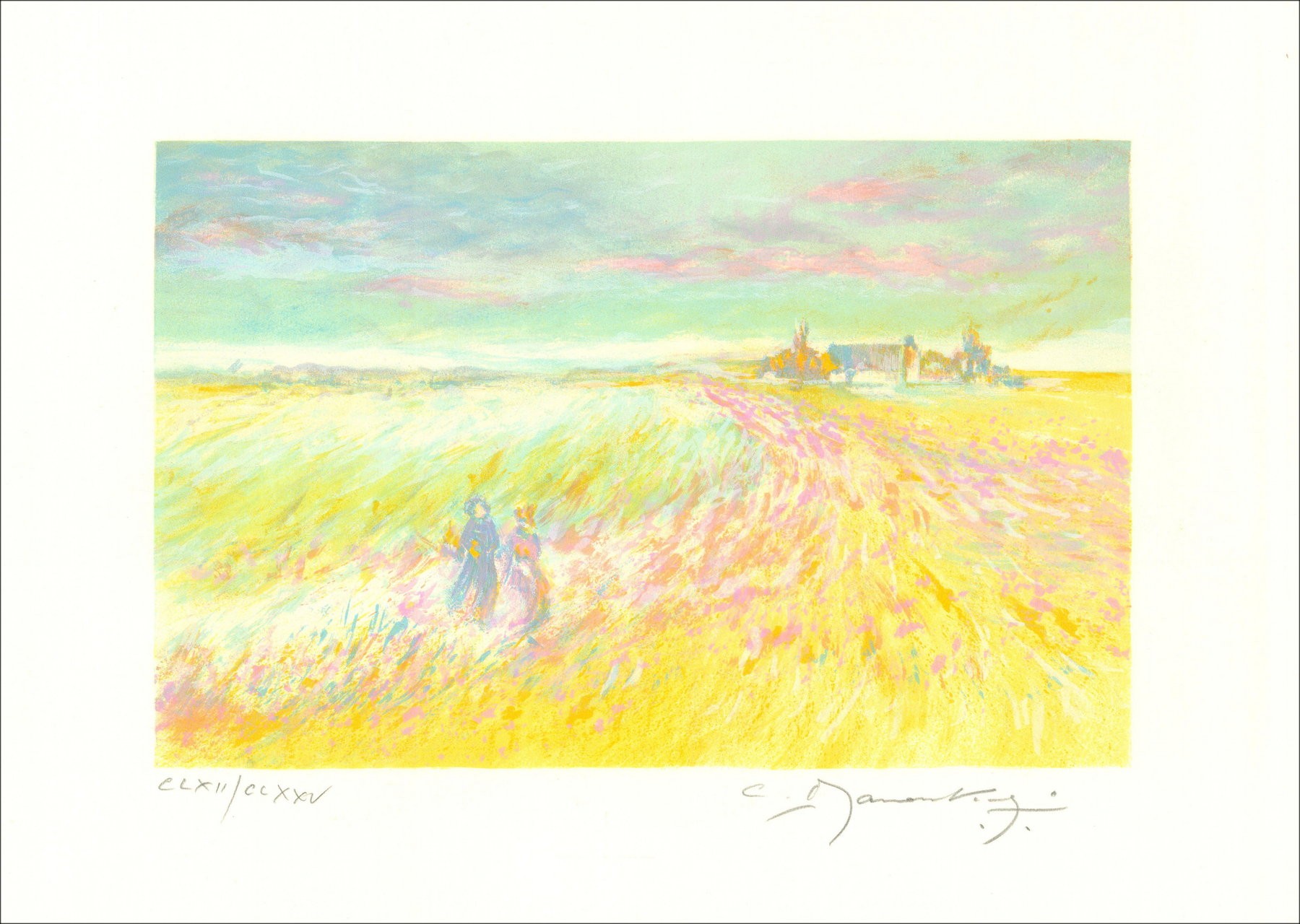 Claude Manoukian - Litografía original firmada a lápiz, caminar en los campos - 37x53cm