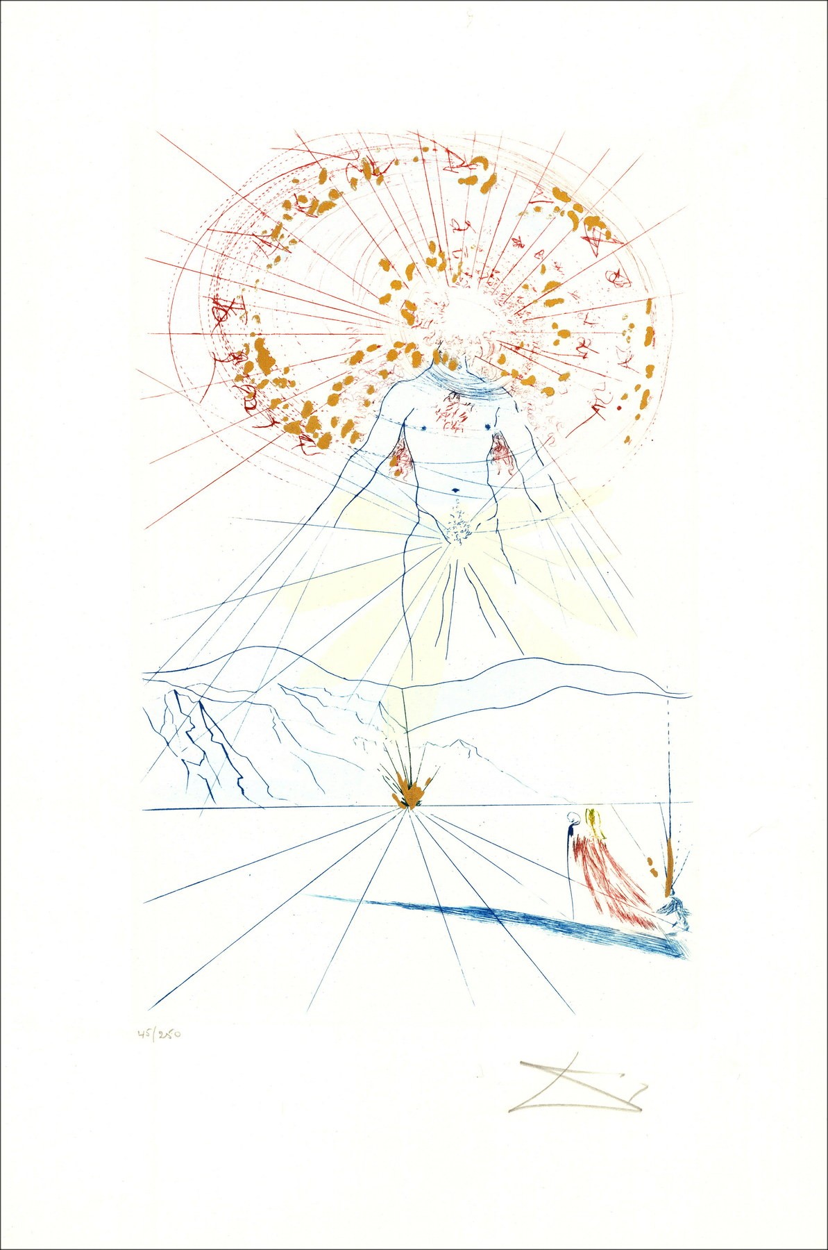 Incisione di Salvador Dali, sposato saltando sopra le montagne
