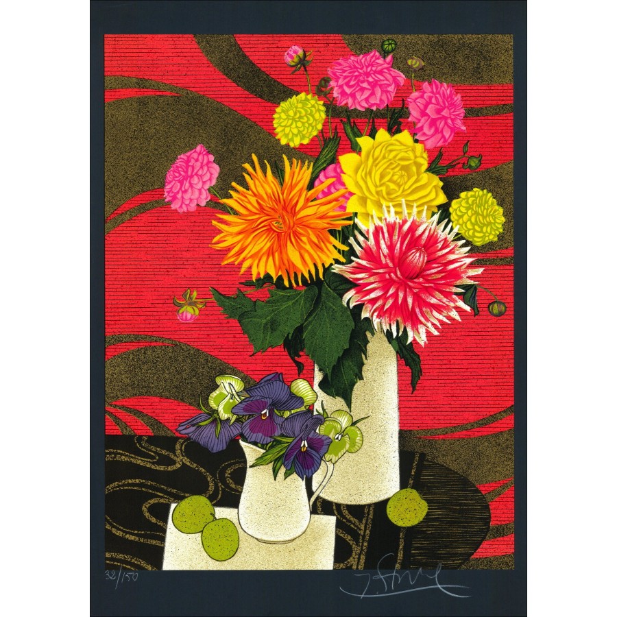 Yves Ganne - Lithografie Bloemboeket ondertekend 75x54cm