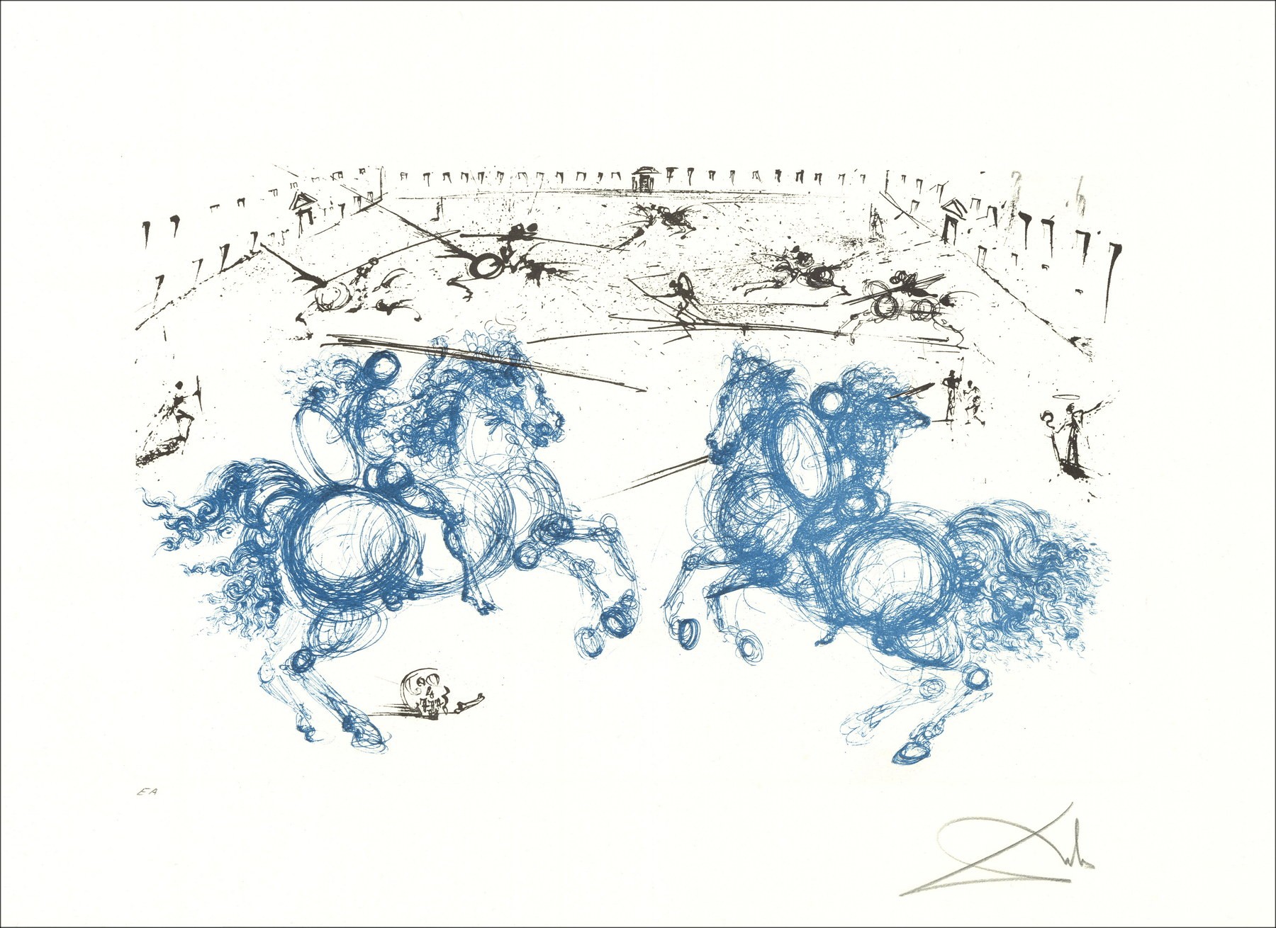 Salvador Dali - Incisione originale "Cavaliers combattono" 48x65cm - 1971