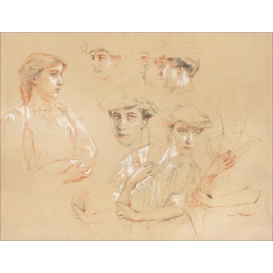 Henri-Paul Royer - Originele tekening "Portretten van vrouwen" 43x56cm