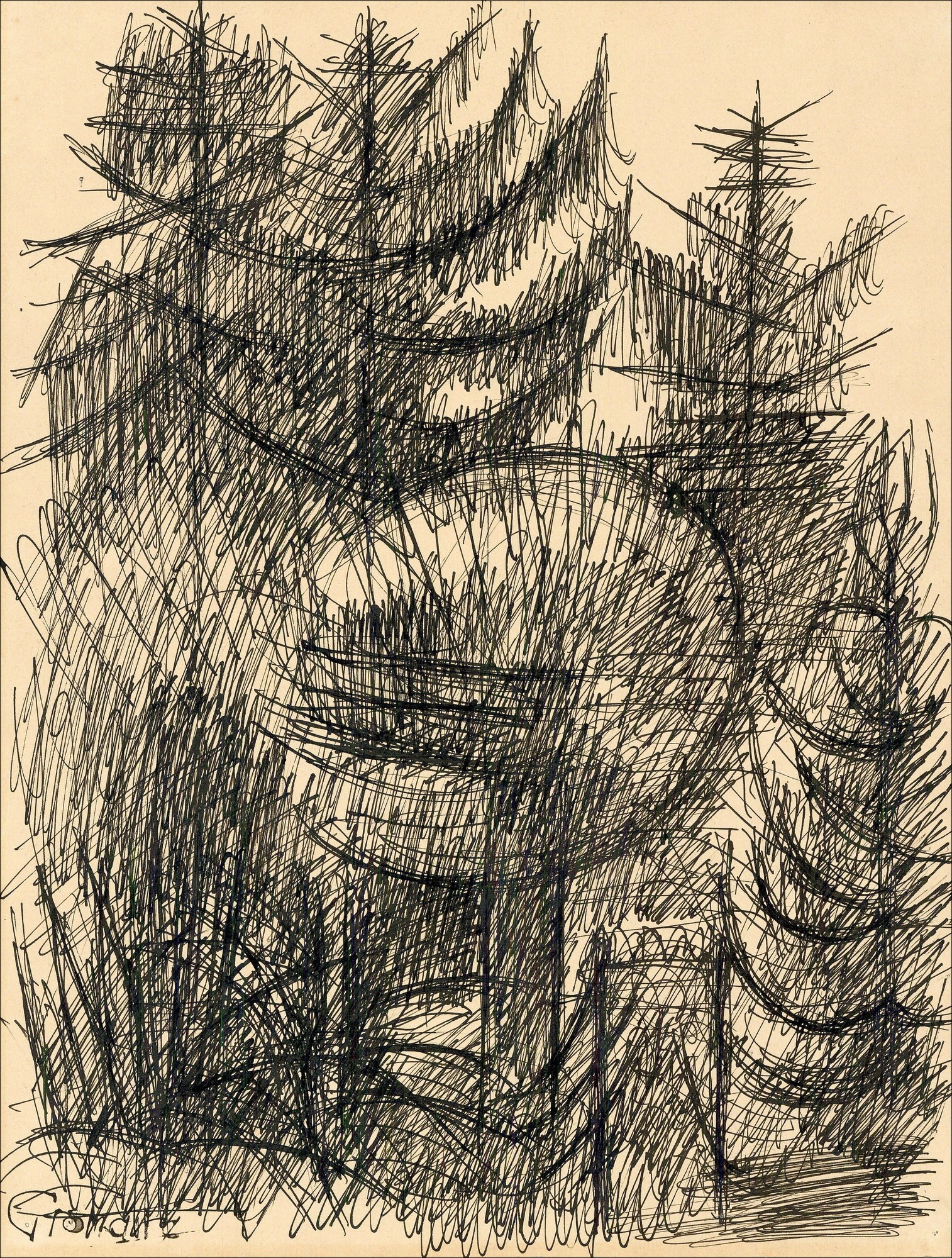 Marcel GROMAIRE - Ink drawing 'Barques sur l'Étang Forestier', 1935, 32x24cm