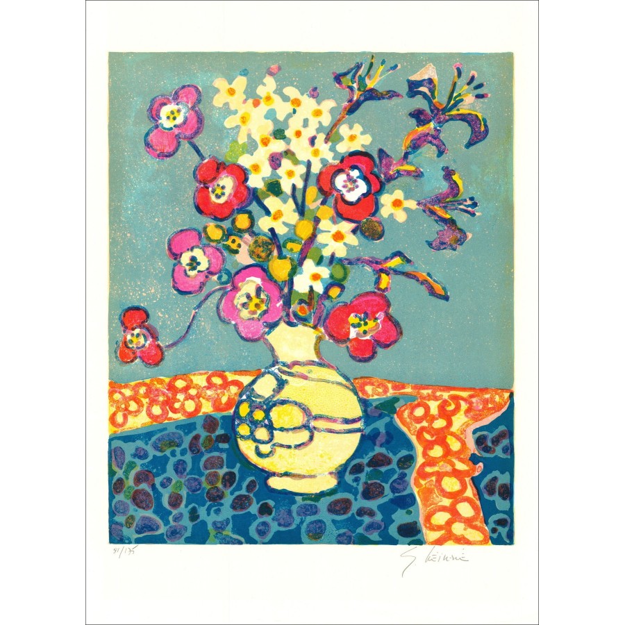 Gérard Vieillevie - Bouquet im blauen Hintergrund