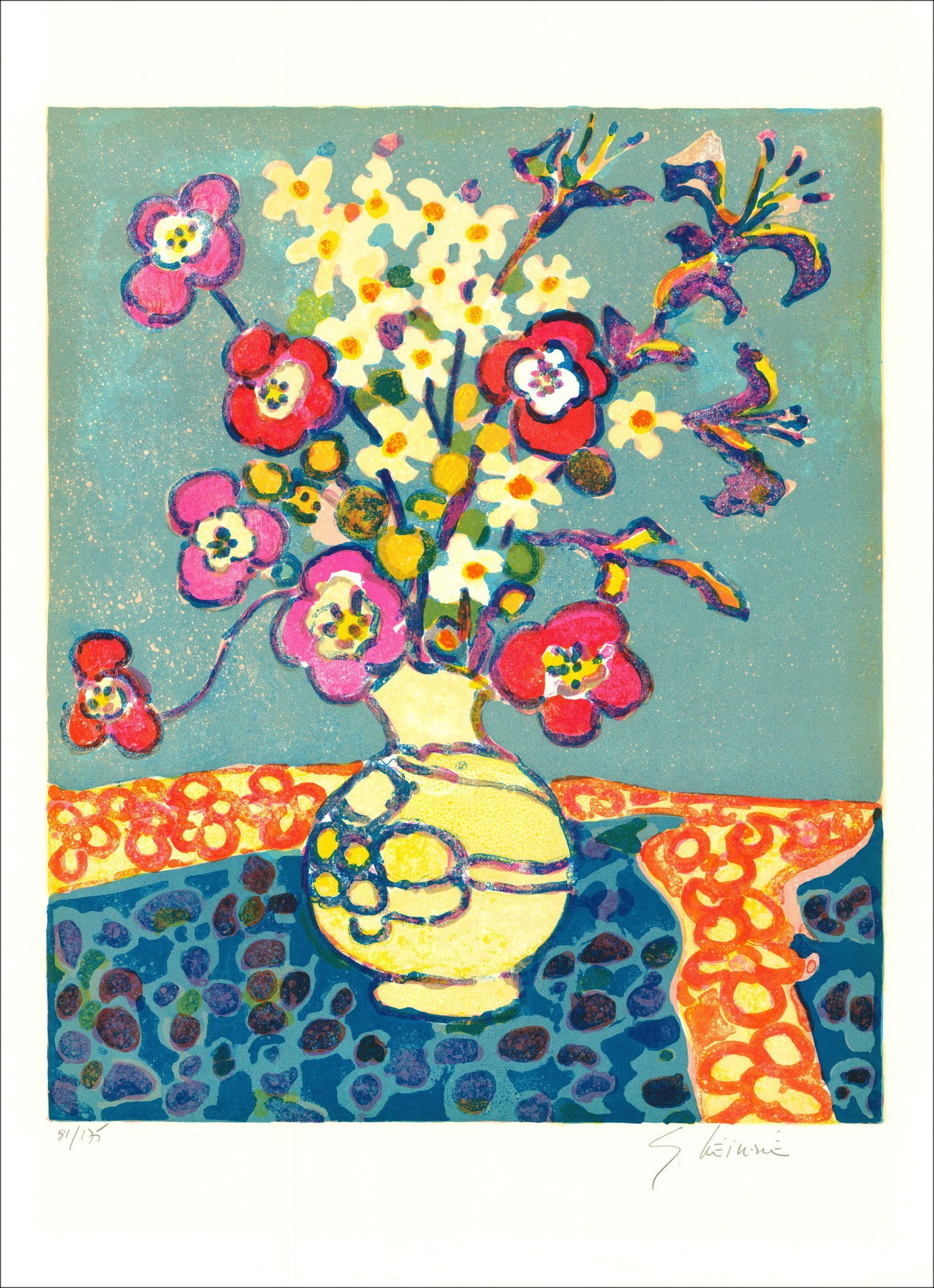 Gérard Vieillevie - Boeket met blauwe achtergrond