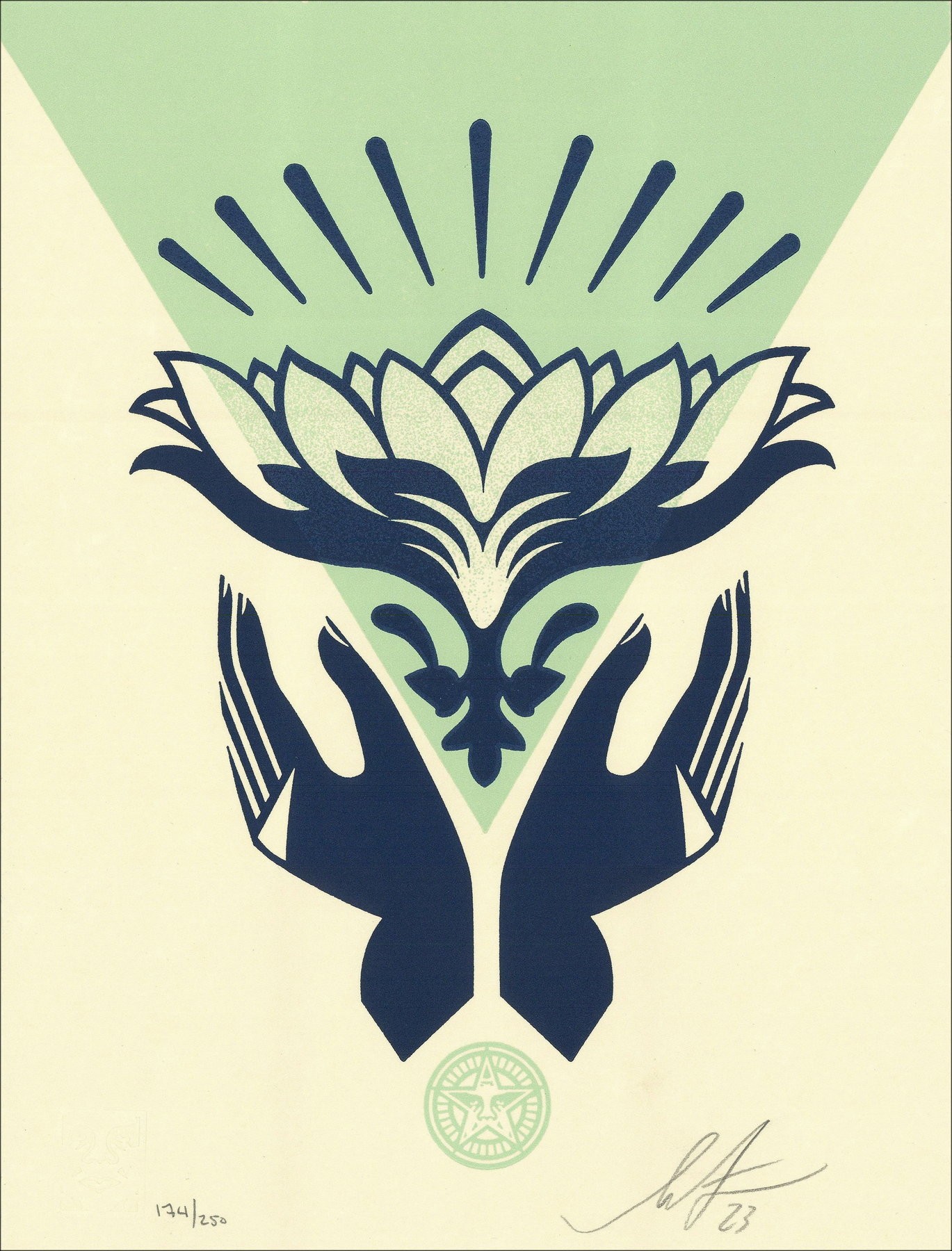 Shepard Fairey - Lotus Hand Teal, Letterpress 2023