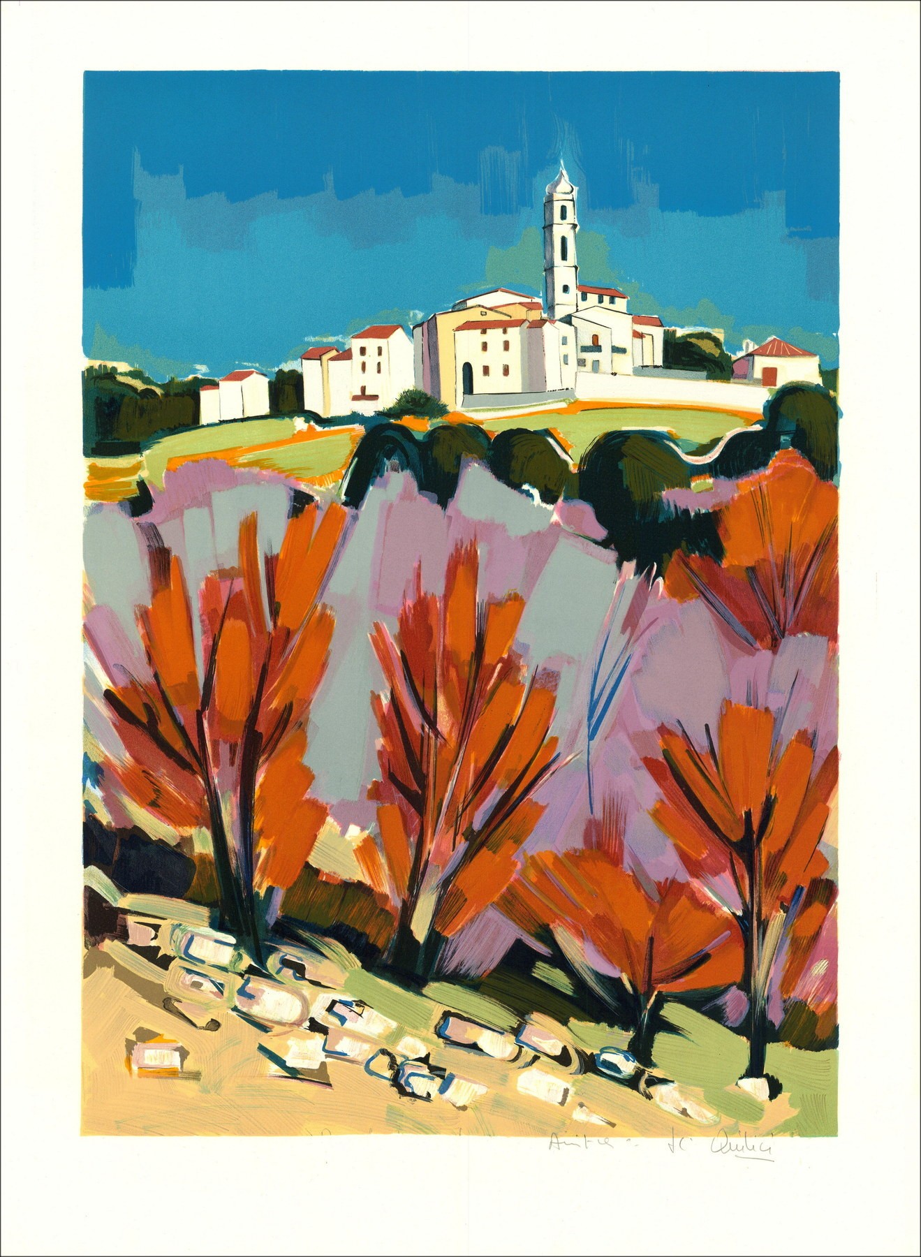 Jean-Claude QUILICI - Litografía original "Paisaje de Provenza" 76x56cm