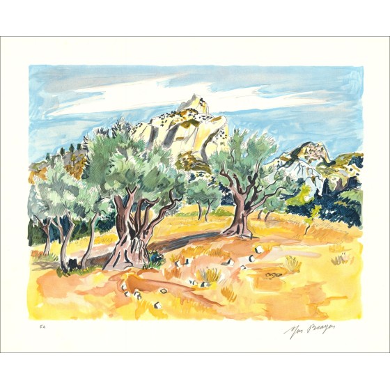 Yves Brayer - Litografia originale "Ulivi in Saint Rémy de Provence" 45x56cm 