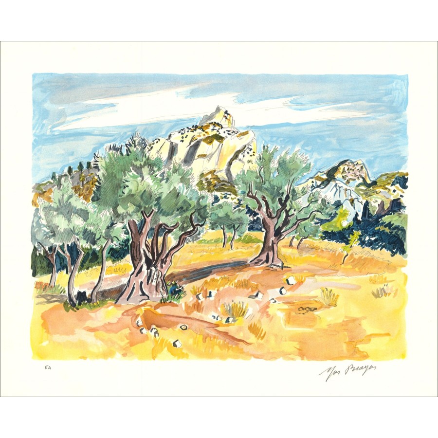 Yves Brayer - Litografia originale "Ulivi in Saint Rémy de Provence" 45x56cm 