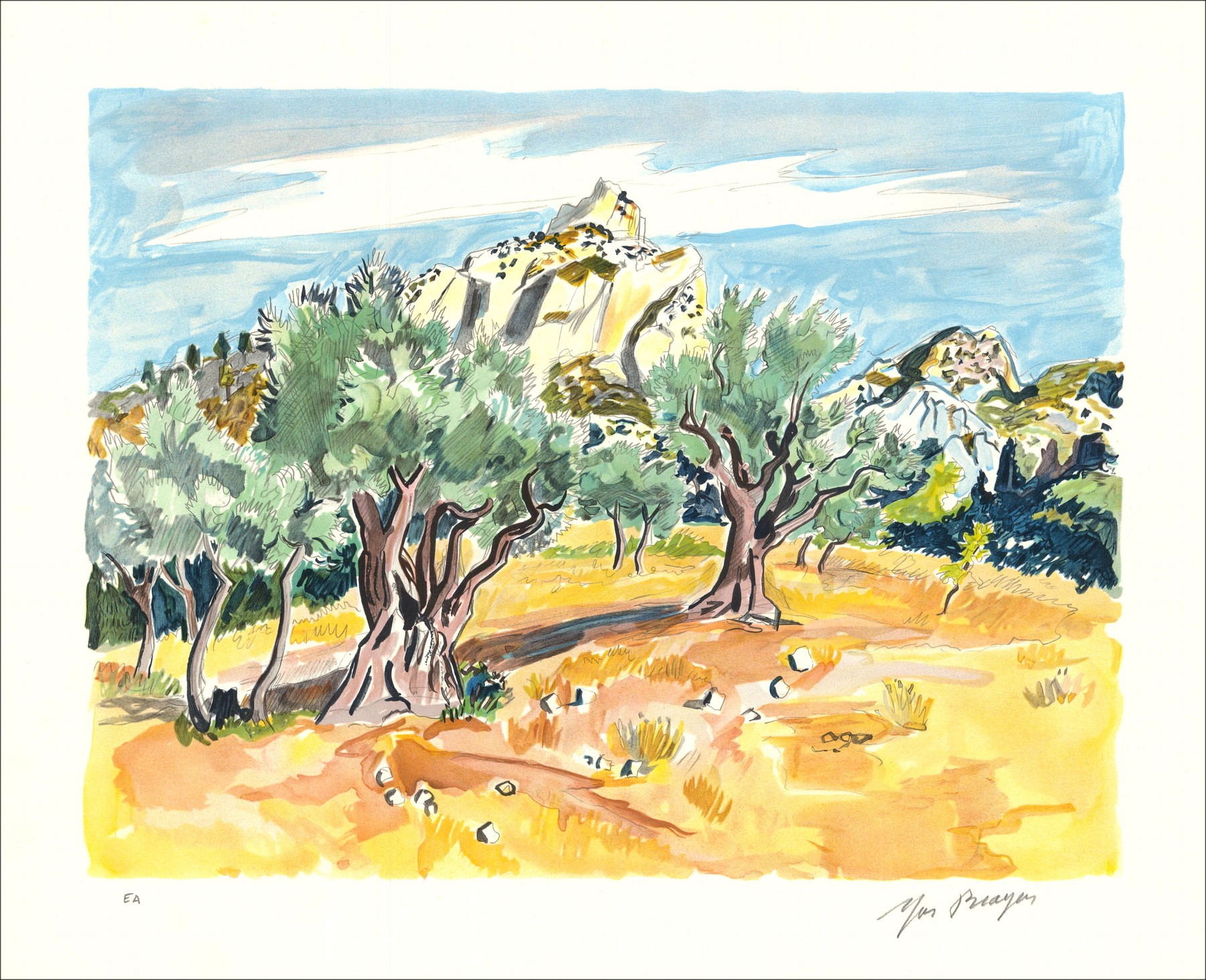 Yves Brayer - Litografia originale "Ulivi in Saint Rémy de Provence" 45x56cm 