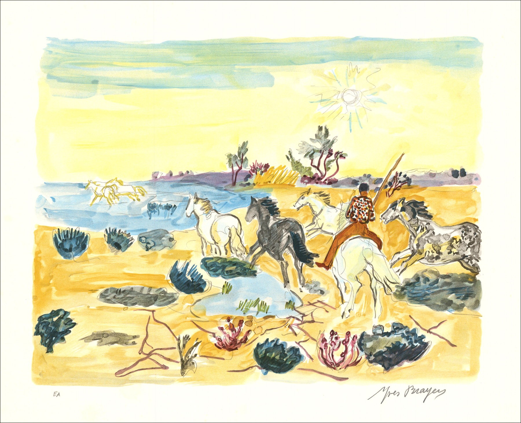 Yves BRAYER - Litografía original "Gardian en Camargue" 45x56cm 