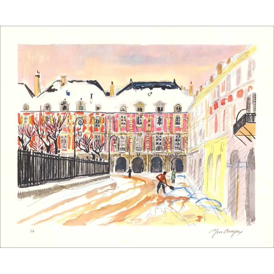 Yves BRAYER - Original lithograph "Paris, la place des Vosges" 45x56cm
