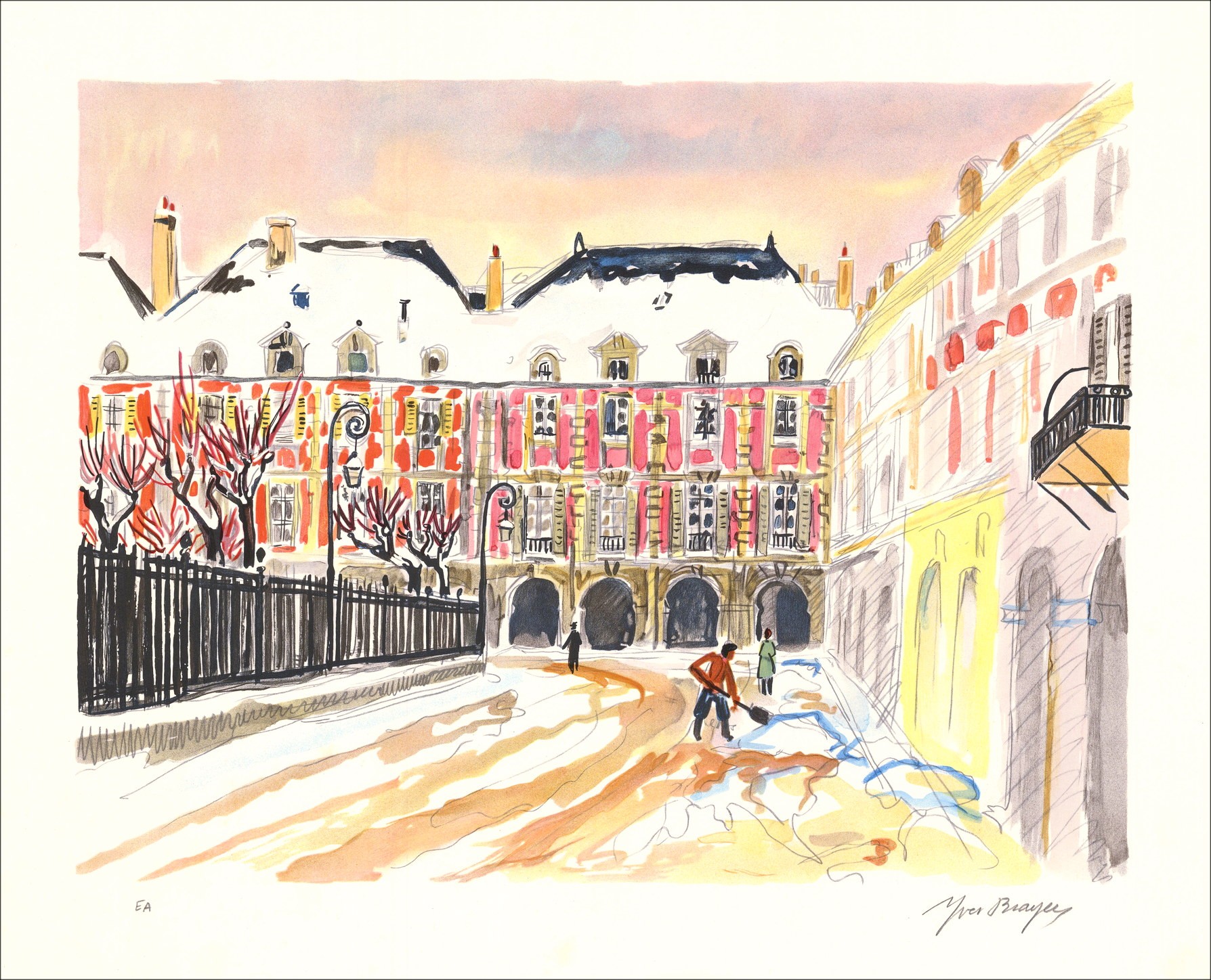 Yves BRAYER - Litografía original "París, la place des Vosges" 45x56cm