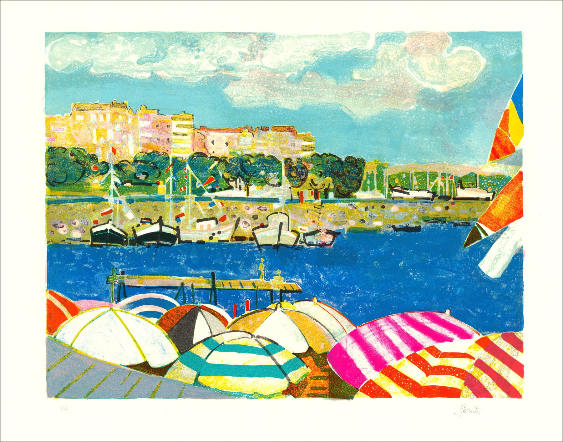 Gilles Gorriti - Mediterraneo, barche al porto, Litografia originale