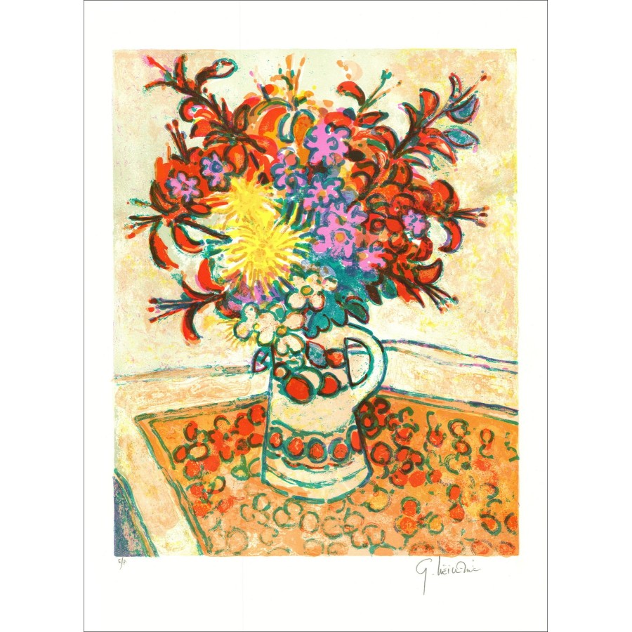 Gérard Oldvie - Original-Lithographie "Blumenstrauß der Blumen an der Tischdecke II" 76x56cm