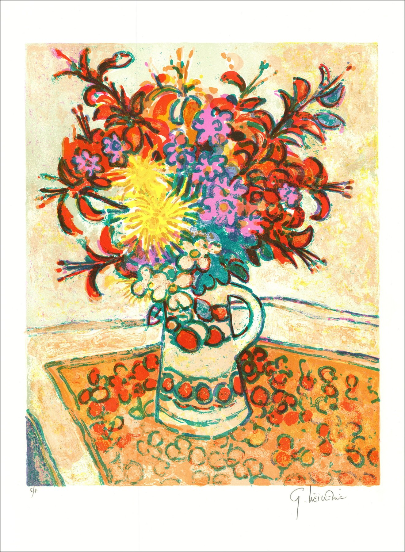 Gérard Oldvie - Original-Lithographie "Blumenstrauß der Blumen an der Tischdecke II" 76x56cm