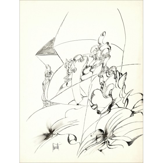 Raymond MORETTI - Dibujo original en tinta "Composición GD02" 65x50cm