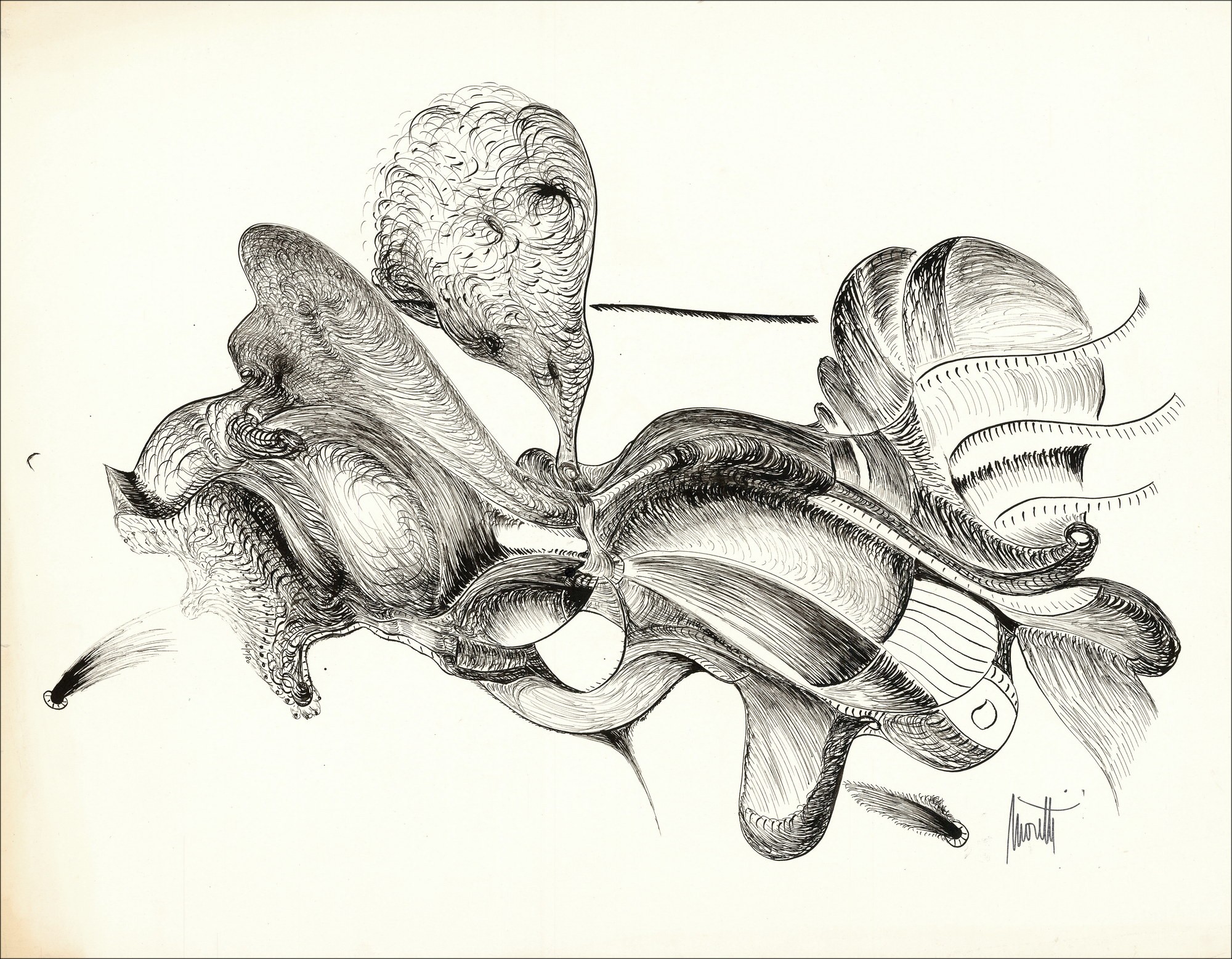 Raymond Moretti - Originele tekening in inkt "Compositie GD18" 50x65cm