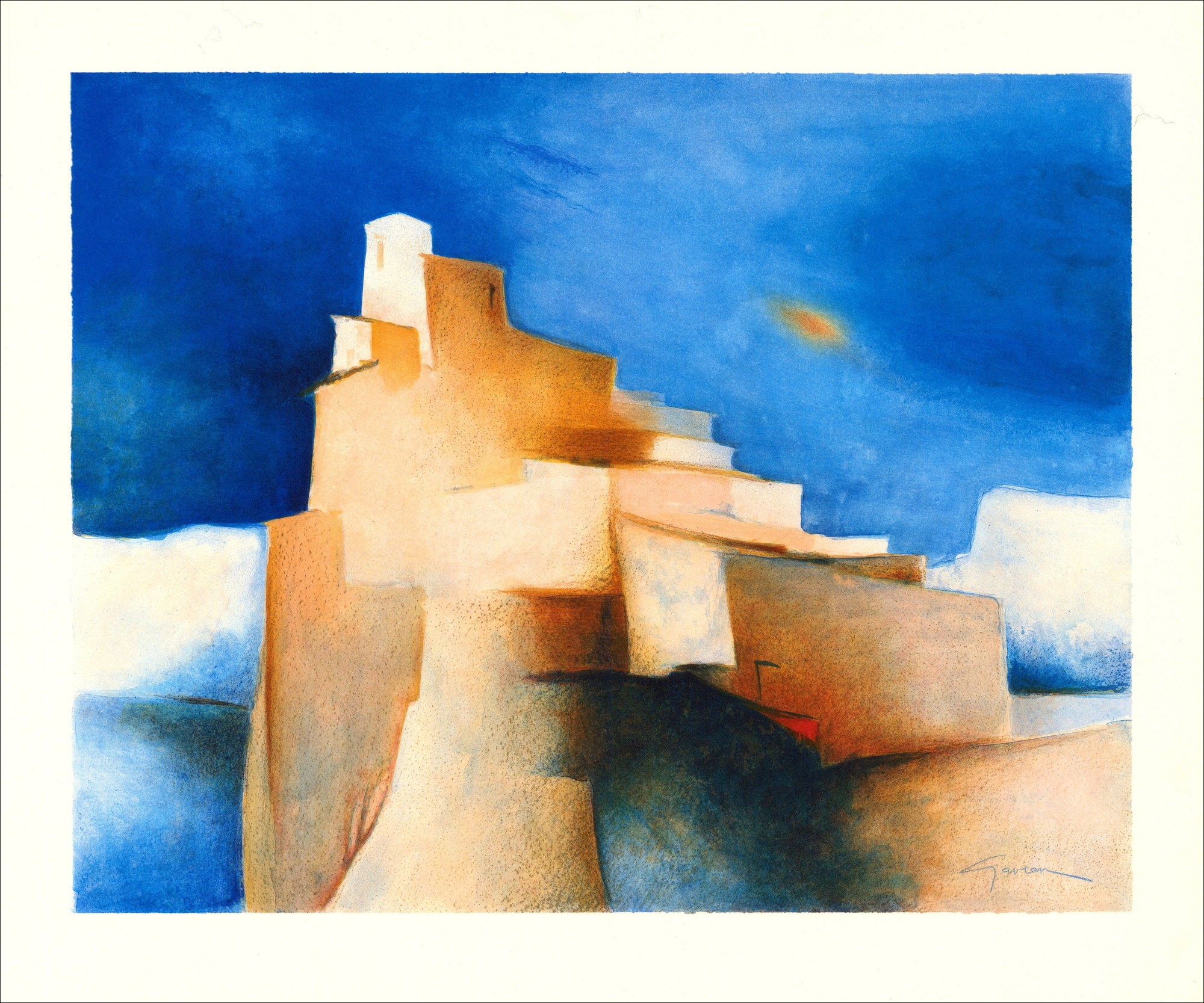 Claude GAVEAU - Originele lithografie "dorp van de Provence" 46x56cm - 1991