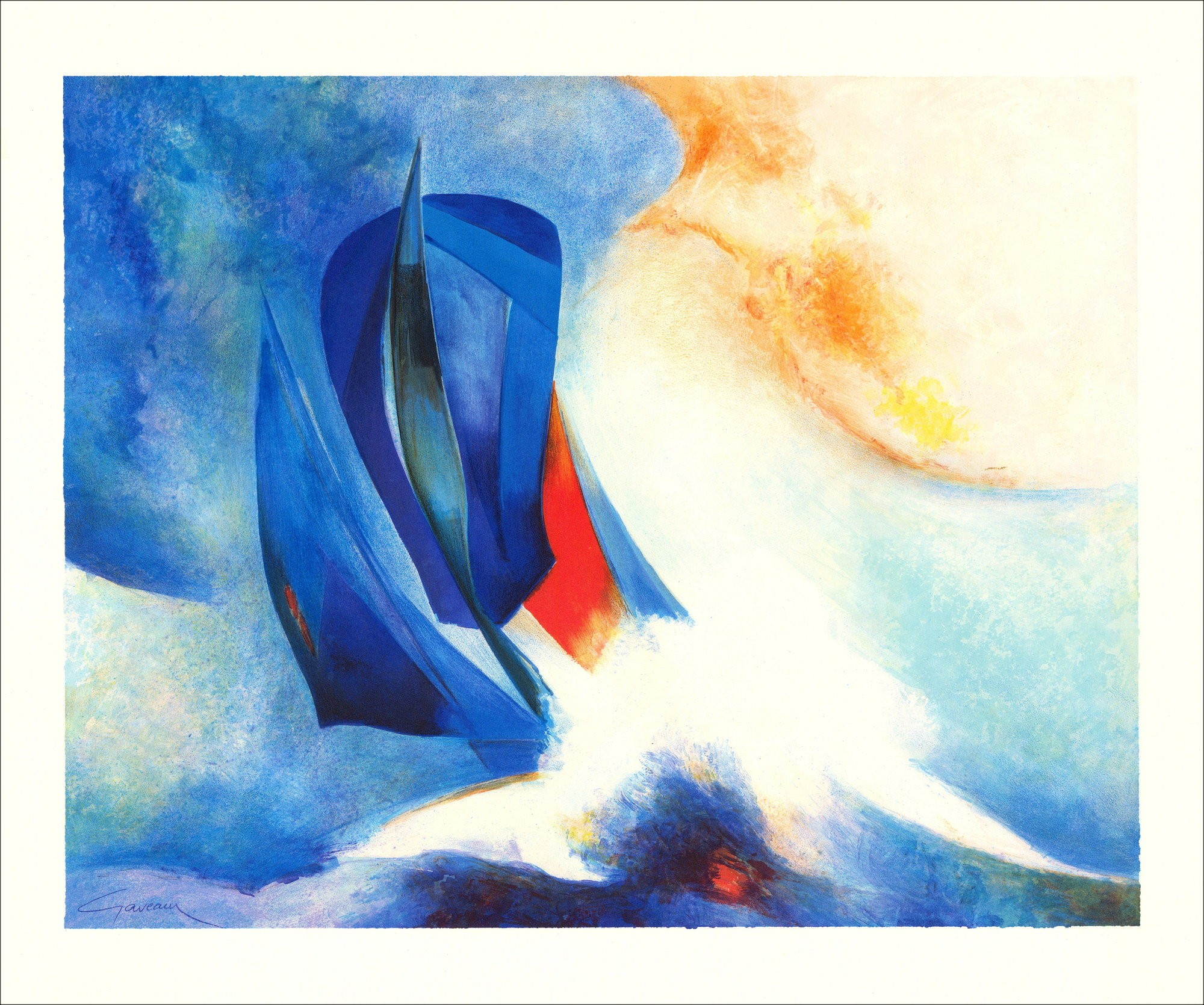 Claude Gaveau - Litografia originale "Barca a vela in alto mare" 46x56cm - 1991