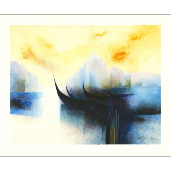 Claude GAVEAU - Originele lithografie "boten in Venetië" 46x56cm - 1991