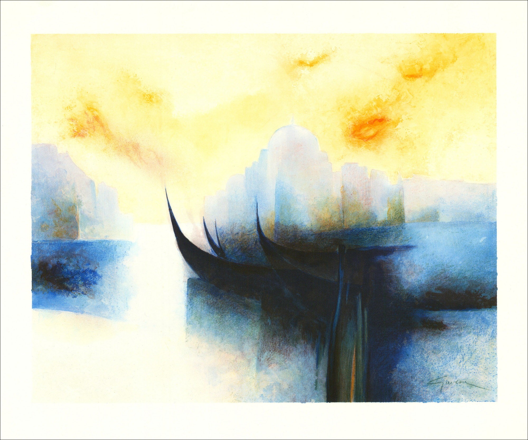 Claude Gaveau - Original-Lithographie "Boote in Venedig" 46x56cm - 1991