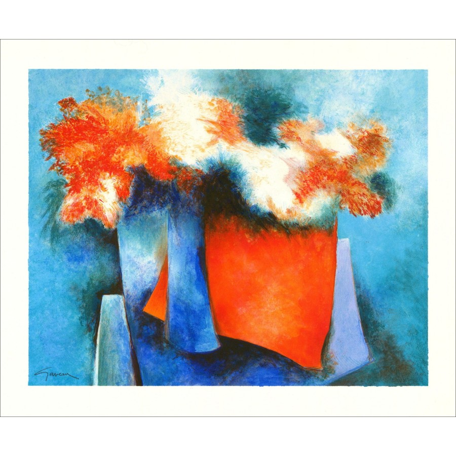 Claude Gaveau - Bouquet presso il vaso blu, Litografia originale 1991